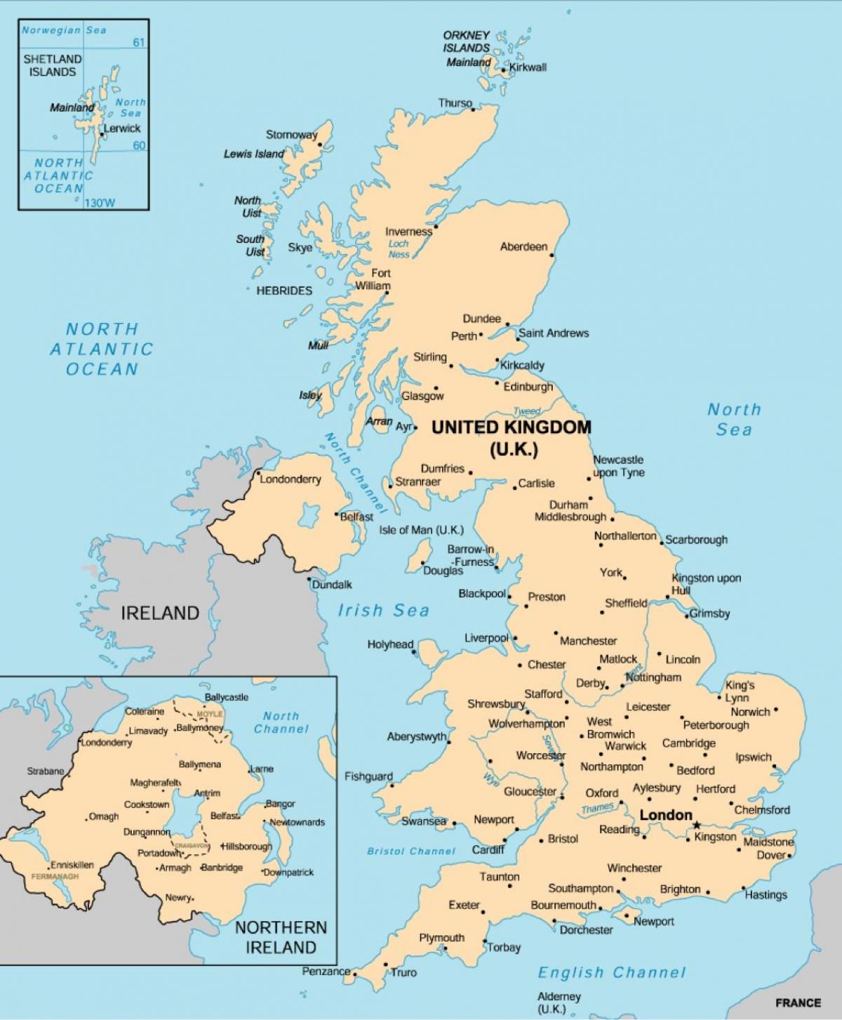Карта Соединенного Королевства (Великобритания) с основными городами
